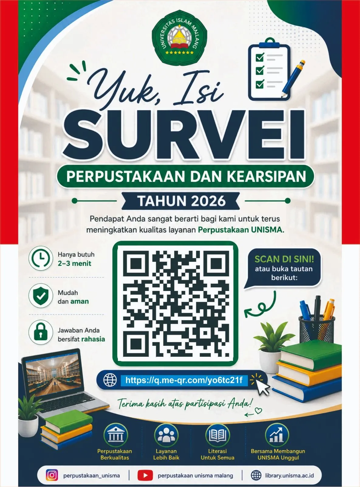 Poster digital ajakan mengisi Survei Layanan Perpustakaan dan Kearsipan UNISMA Tahun 2026