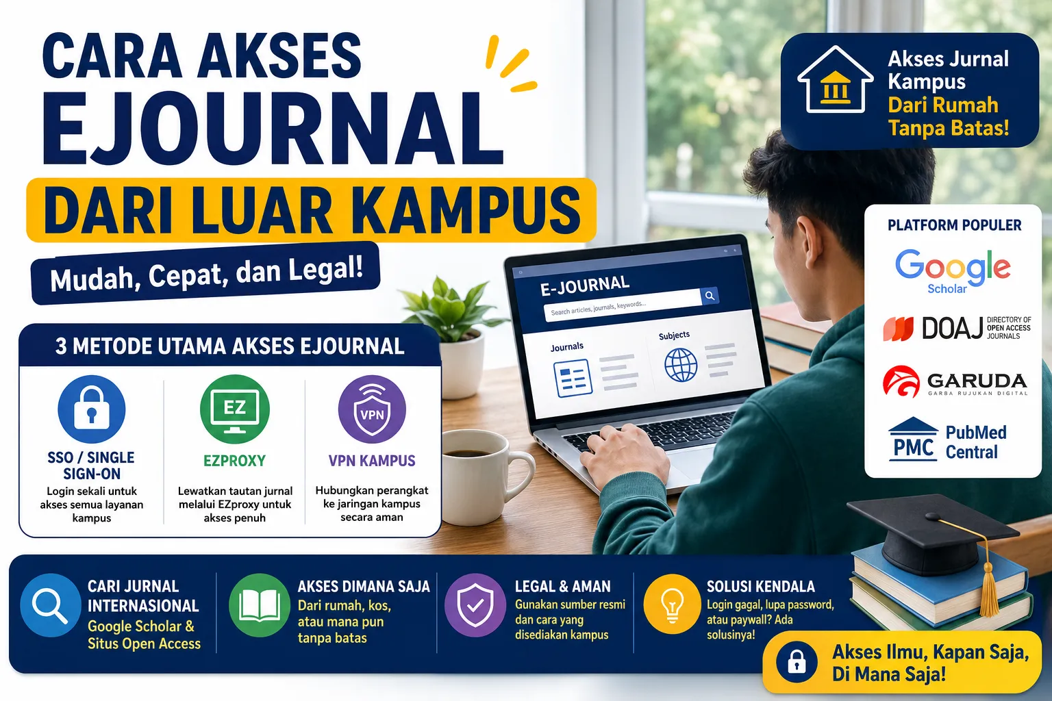 Infografis panduan cara akses ejournal dari luar kampus. Menampilkan seorang pria menggunakan laptop, tiga ikon metode akses utama (SSO, EZproxy, VPN), dan daftar logo platform populer seperti Google Scholar, DOAJ, Garuda, dan PubMed Central. Terdapat teks utama "CARA AKSES EJOURNAL DARI LUAR KAMPUS" berwarna biru dan kuning di bagian kiri atas.