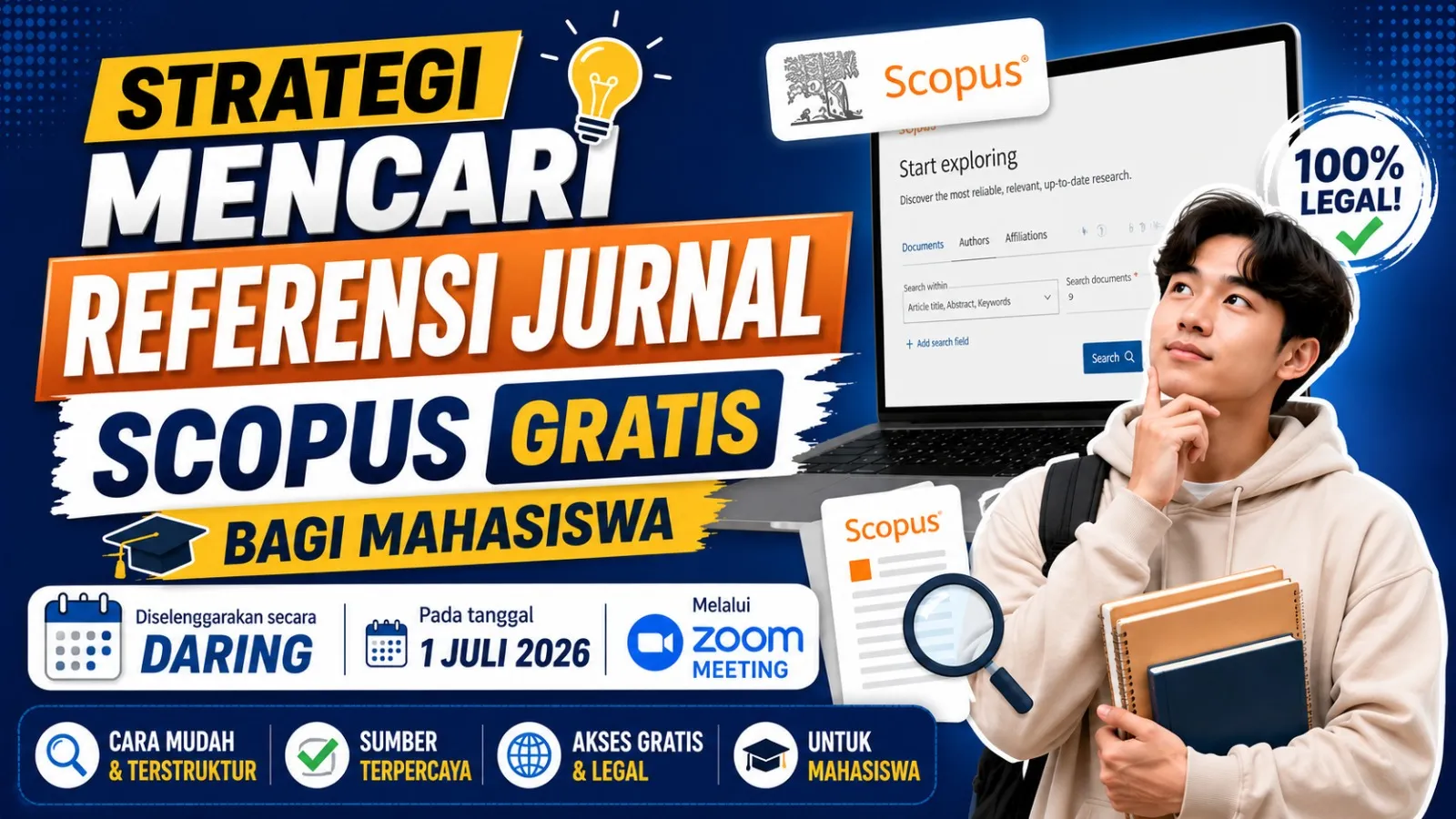 Flyer kegiatan Strategi Mencari Referensi Jurnal Scopus Gratis bagi Mahasiswa, Rabu 1 Juli 2026, Perpustakaan dan Kearsipan UNISMA