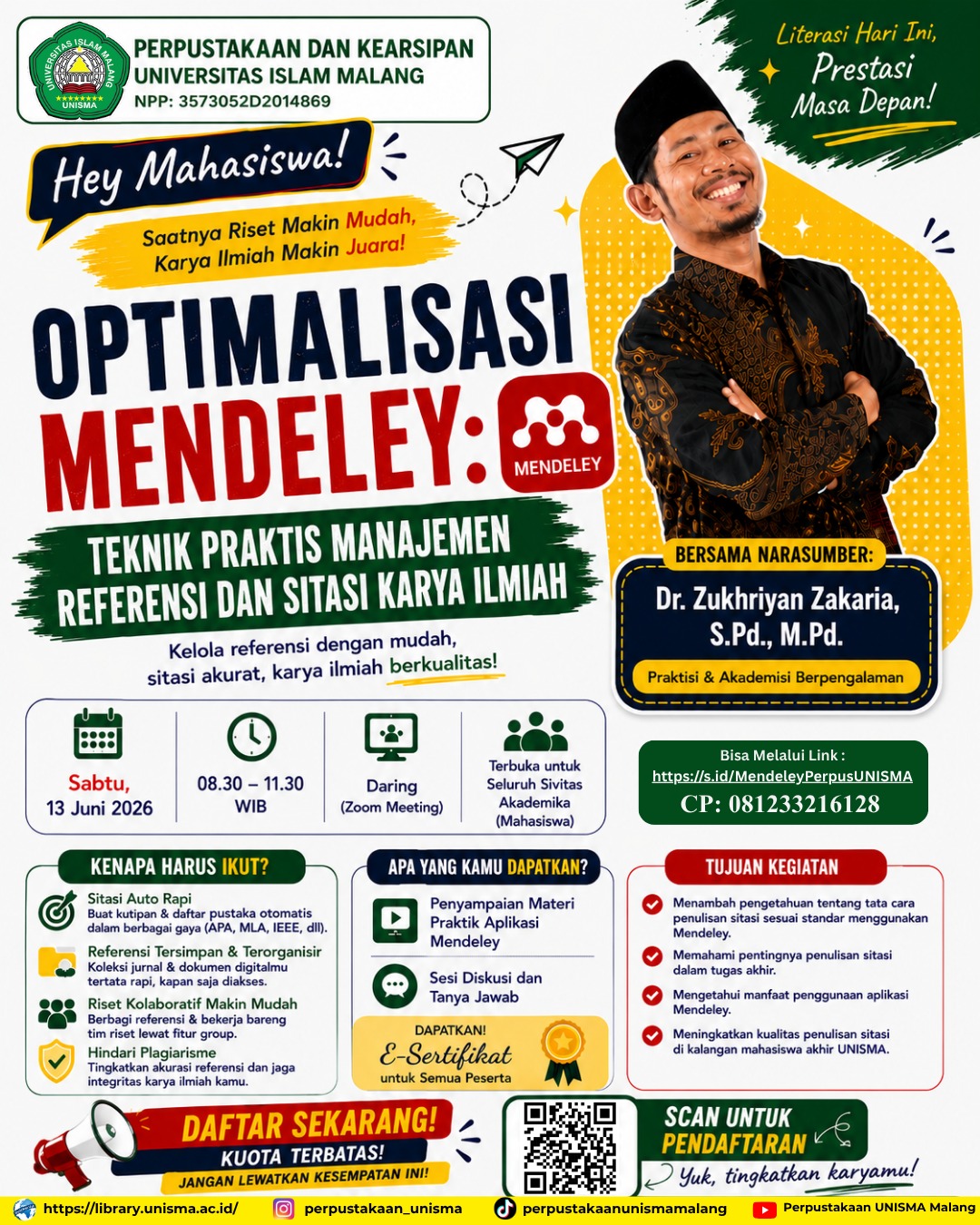 Flyer webinar Optimalisasi Mendeley pada 13 Juni 2026 bersama narasumber Dr. Zukhriyan Zakaria, S.Pd., M.Pd.